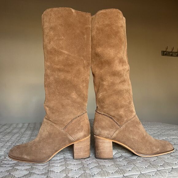 Frye & Co Phoebe Camel Suede Slouch Block Heel Tall Boots Women 11 M Classic - Picture 1 of 16